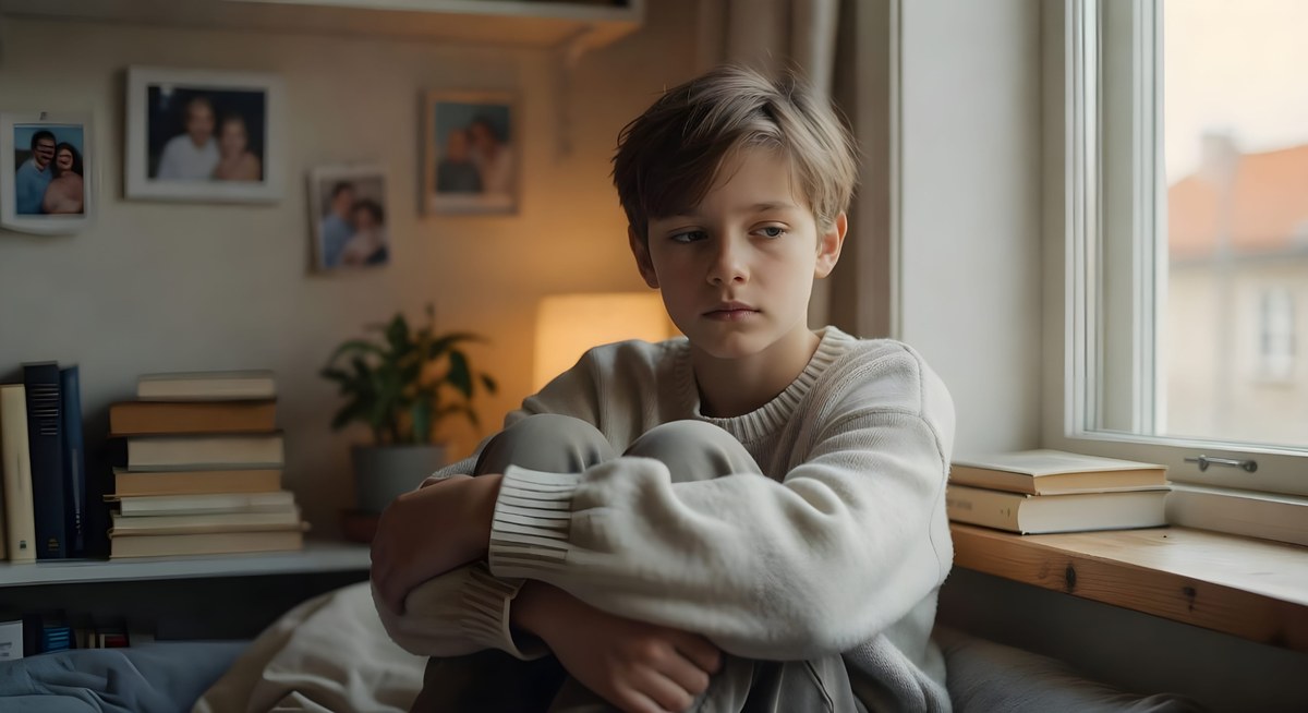 13-letni chłopiec przy oknie — rekonwalescencja w domu po hospitalizacji z powodu choroby Gravesa i AIH