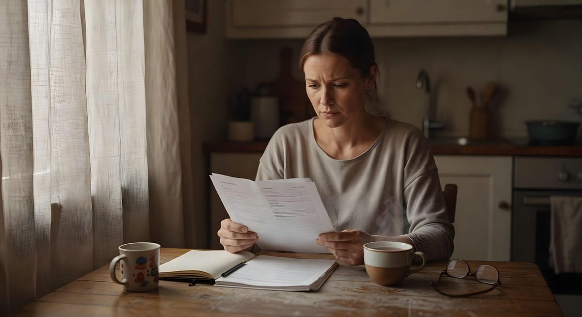 Mama czyta wyniki badań dziecka — refleksja rodzica nad podwyższonymi enzymami wątrobowymi