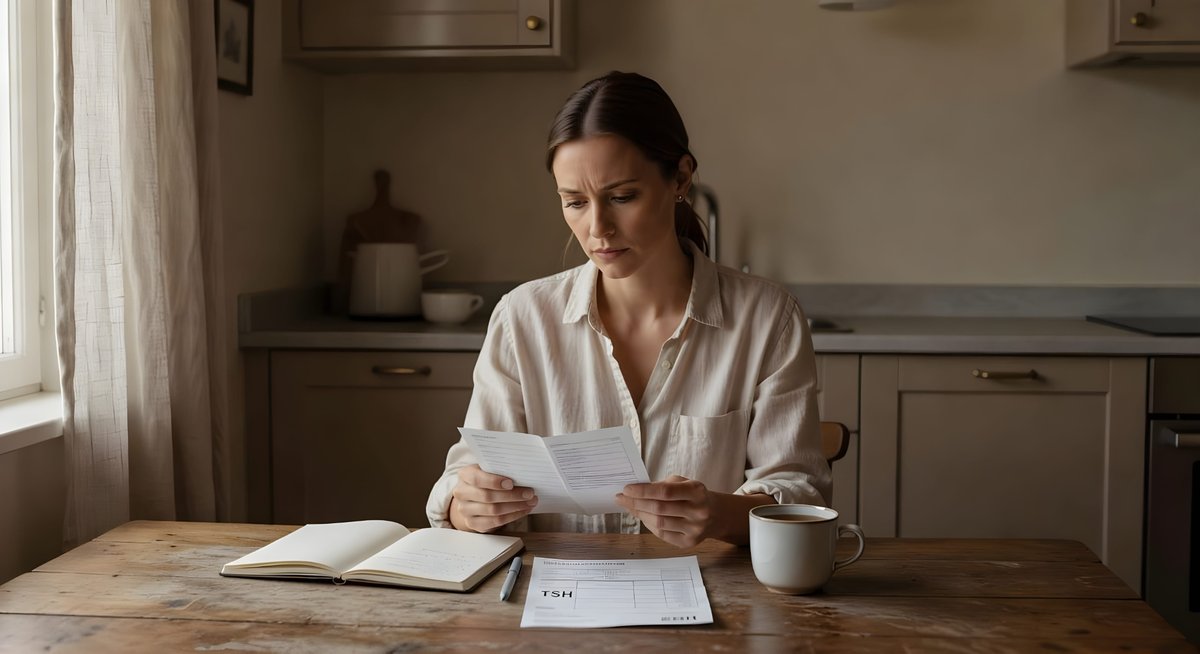 Kobieta z wynikiem TSH przy stole — moment refleksji nad badaniami zanim przyjmie leki od psychiatry