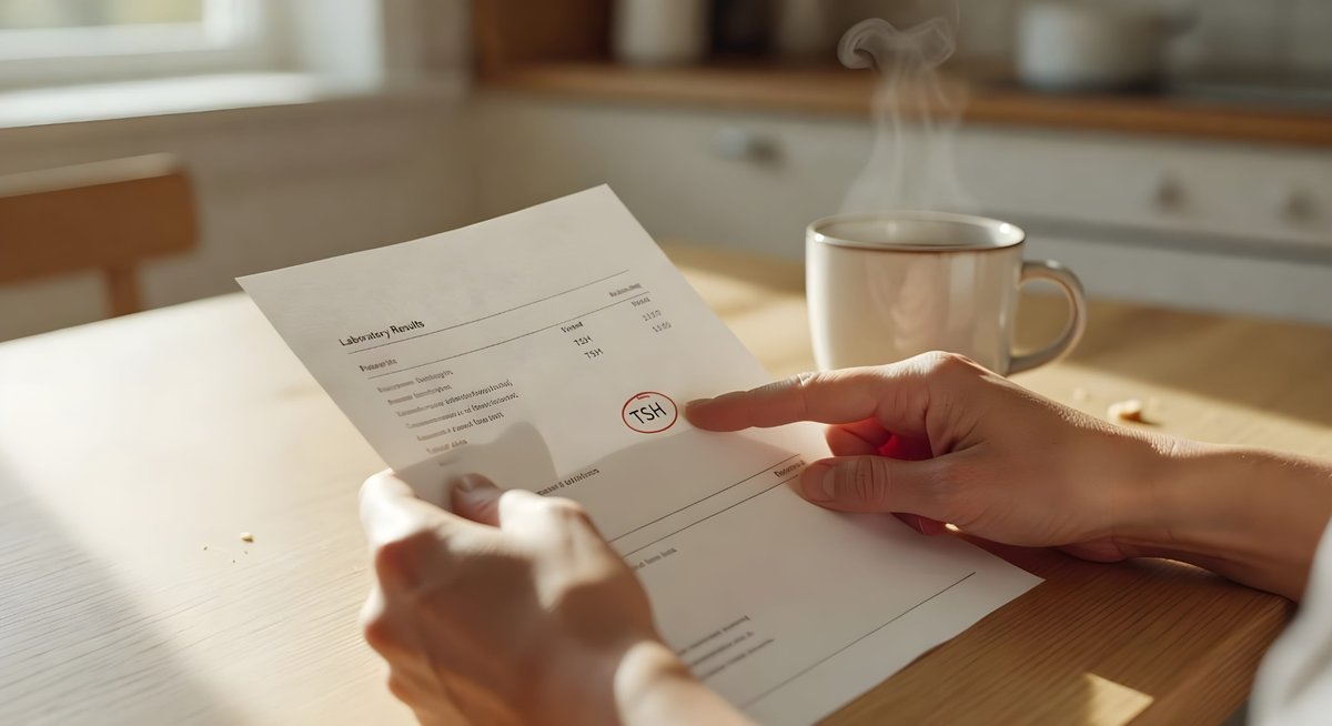 Palec wskazujący wynik TSH na karcie laboratoryjnej — najważniejsze badanie przed włączeniem antydepresantu