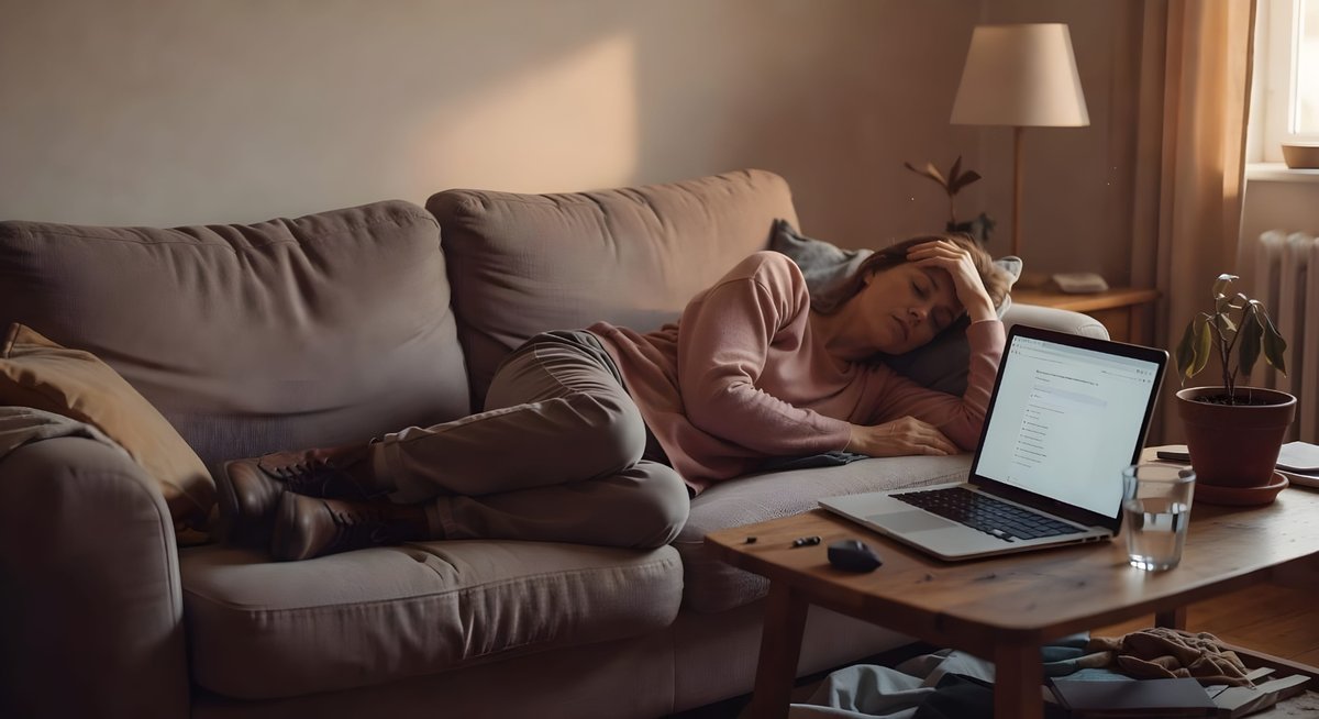 Kobieta na kanapie — zmęczenie i apatia, objaw, który może być depresją lub niedoczynnością tarczycy