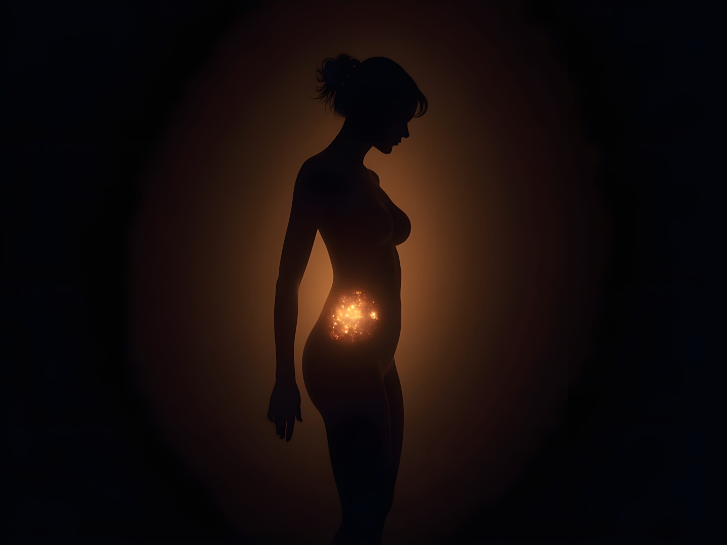 Sylwetka kobiety z zaznaczonymi ogniskami zapalnymi w miednicy — wizualizacja endometriozy