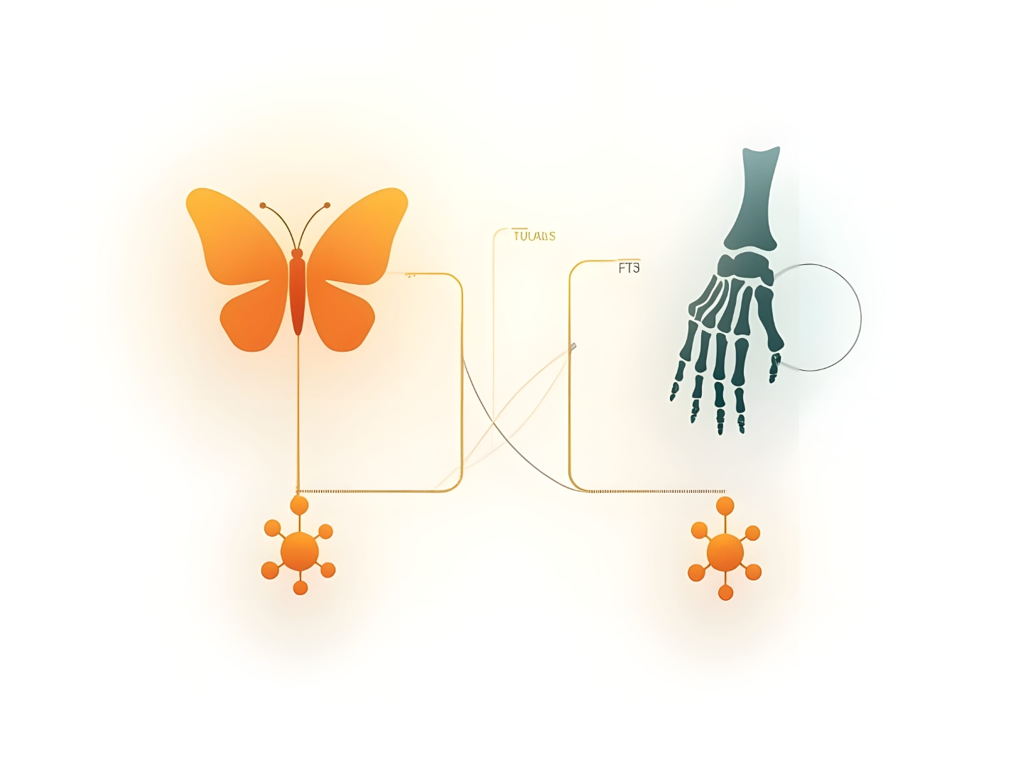 Motyl tarczycowy i szkielet dłoni — infografika łącząca Hashimoto z reumatoidalnym zapaleniem stawów