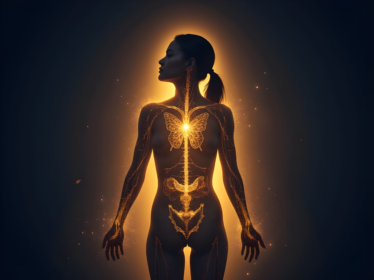 Układ hormonalny kobiety — sylwetka ze świecącym układem endokrynnym: tarczyca, jajniki, trzustka