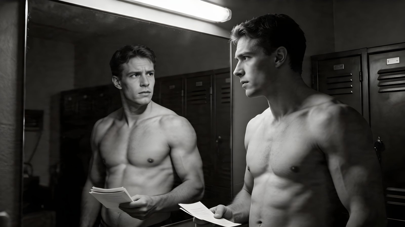 Mężczyzna przy lustrze z wynikami badań — HOMA-IR i testosteron