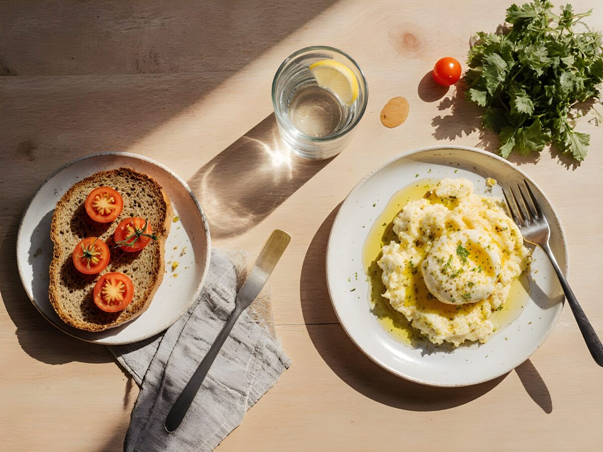 Zdrowe śniadanie przy cukrzycy ciążowej — jajka z oliwą na grzance