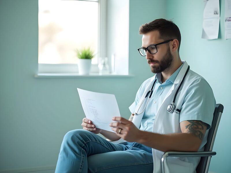 Mężczyzna w gabinecie lekarskim przegląda wyniki badań krwi — prolaktyna i witamina D3