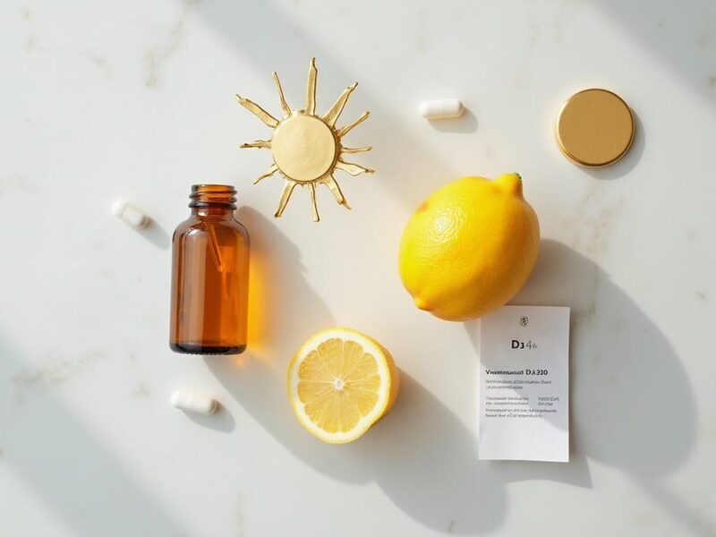 Suplementacja witaminy D3 — kapsułki, cytryna i buteleczka suplementu