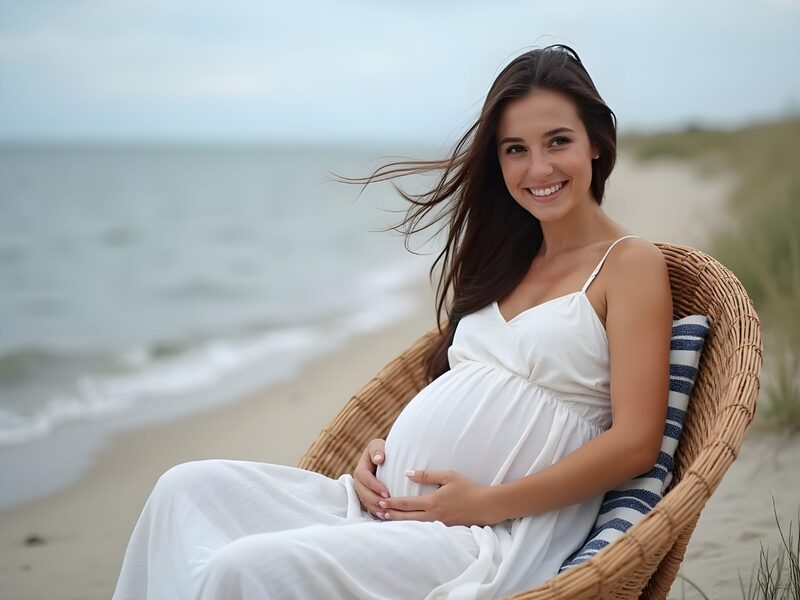 Kobieta w ciąży na plaży, uśmiechnięta — tarczyca i ciąża