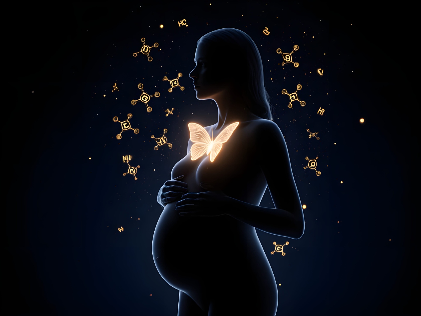Kobieta w ciąży z symbolem tarczycy — motyl na szyi