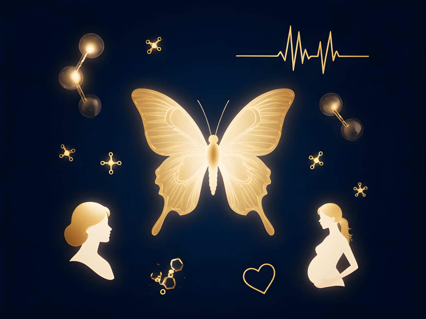 Złoty motyl tarczycy z symbolami hormonów i ciężarnymi kobietami