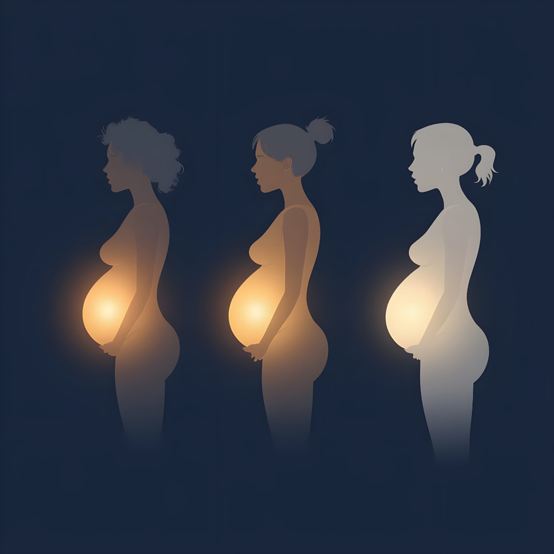 Trzy sylwetki ciężarnych kobiet symbolizujące trzy trymestry ciąży