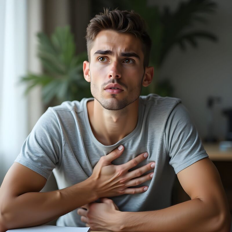 Mężczyzna trzymający się za klatkę piersiową — objawy nadczynności tarczycy