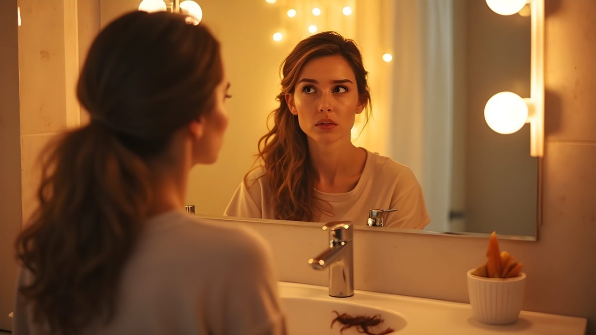 Kobieta patrząca w lustro — symboliczne przedstawienie problemu wypadania włosów