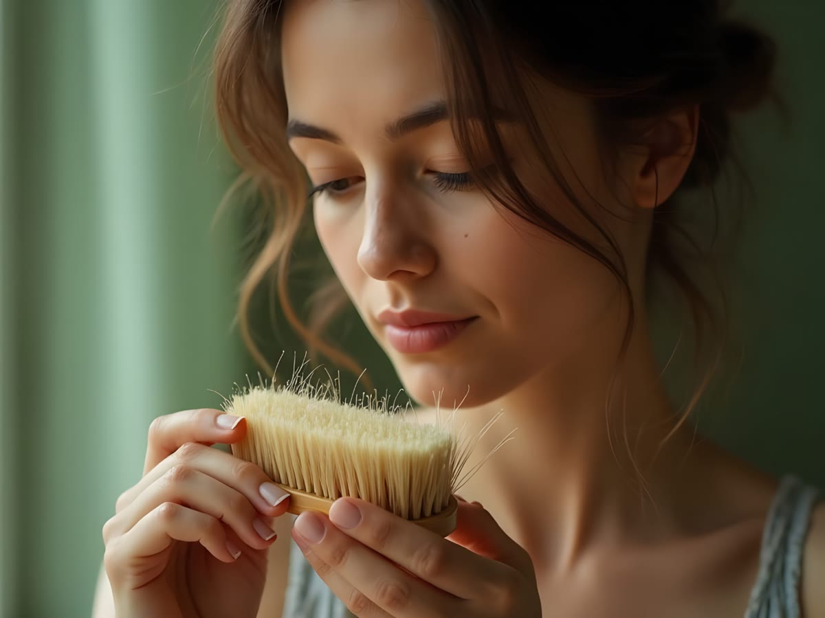 Kobieta trzyma szczotkę z wypadającymi włosami — emocjonalny wymiar wypadania włosów u kobiet